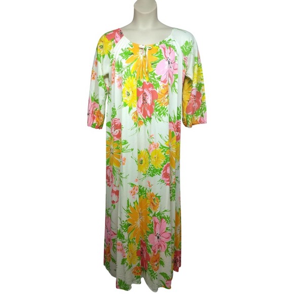 VINTAGE FLORAL PRINT ELASTIC NECK MAXI DRESS L